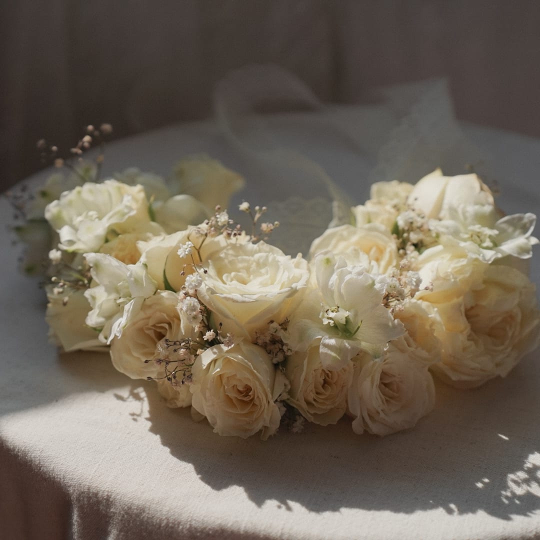 Haarkranz aus cremefarbenen Rosen und Schleierkraut auf einem Leinentuch im Sonnenlicht